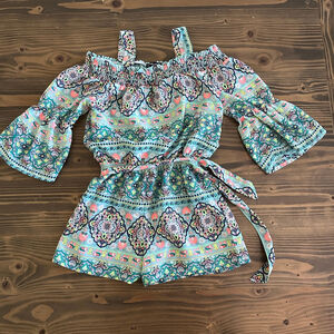 Girls My Michelle Teal Pink Paisley Off-Shoulder Romper Size S Boho